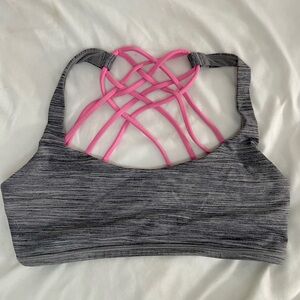 lululemon Free To Be Wild Bra, grey with pink strap detail, size 8